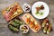 Buffet of Mediterranean snacks flat lay on table