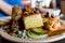 Buffet plate with cornbread and fried chicken