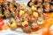 Buffet reception finger food appetizers with smoked salmon servi