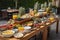 buffet-style al fresco dining with a variety of foods and drinks