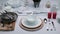 Buffet Table Setting, serving tableware on the table, white plate fork and knife