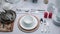 Buffet Table Setting, serving tableware on the table, white plate fork and knife