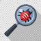 Bug under a magnifying glass. Concept of antivirus scanning icon in flat style on transparent background