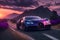 Bugatti driving down mountain road purple sky breathtaking sunset cinematic photo generated by Ai