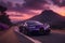 Bugatti driving down mountain road purple sky breathtaking sunset cinematic photo generated by Ai