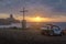 Buggies and Sunset View from Chapel of Sao Pedro dos Pescadores and Morro do Pico - Fernando de Noronha, Pernambuco, Brazil