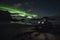 buggy car and northern lights beach. Neural network AI generated