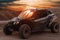 Buggy parked in the desert during sunset at