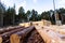 Build a house from logs. Preparation of logs for the assembly of the structure. Assembly of a wooden log house at a construction