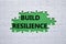 Build resilience symbol. White puzzle with words Build resilience. Beautiful green background. Business and Build resilience