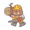 Builder beaver holding saw holding wooden log and walks. Hand drawn character