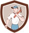 Builder Carpenter Holding Hammer Shield Cartoon