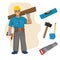 Builder carpenter . Professions, character and items for his work. Children education. Exercise for preschoolers. Vector