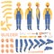 Builder character animation. Body parts head arms cap hands of engineer or builder male vector mascot creation kit