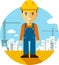 Builder on construction background in flat style