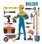 Builder with construction and house repair tools