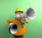Builder engineer speaks in a megaphone with a drawing on a blue bacground,3d render