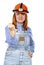 Builder girl waving a fist