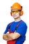 Builder in hard hat, earmuffs and goggles