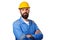 Builder in hard hat, foreman or repairman in the helmet. Bearded man worker with beard in building helmet, isolated