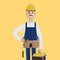 A builder with a hard hat and a toolbox. Construction worker.
