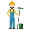 The Builder in a helmet and overalls stands with a brush and a bucket of paint.