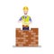 A builder in a helmet puts a brick wall with a trowel.