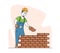 Builder Male Character Wearing Helmet and Uniform Holding Trowel Put Concrete for Laying Brick Wall at Construction Site