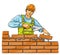 Builder man with derby tool building a brick wall