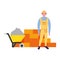 Builder man wheelbarrow cement and brick wall