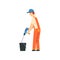 Builder Mixing Cement with Construction Mixer, Male Construction Worker Character in Orange Overalls and Blue Cap with