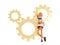 Builder plumber cartoon character, funny worker or engineer with gears on the back isolated icon 3d illustration.