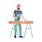 Builder or repairman character sawing boards flat vector illustration isolated.