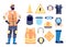 Builder safety equipment. Construction worker, protection and work gear. Man in vest glasses helmet, personal health