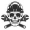 Builder skull in hard hat with crossed plumbing wrench from business new construction and remodeling house