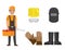 Builder with Toolbox, Plan and Protective Clothing
