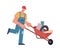 Builder with tools and professional equipment. Cartoon male character construction worker in helmet and uniform with