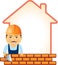 Builder with trowel, bricks and house silhouette