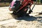 Builder with vibratory plates seals the base sand for pouring concrete