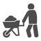 Builder with wheelbarrow of sand solid icon. Worker man and cement cart symbol, glyph style pictogram on white