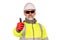 Builder in a white hard hat, bright yellow reflective hi-visibility fleece and red safety gloves on white background with space
