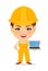 Builder woman. Funny female worker with big head standing with laptop.