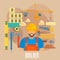 Builder worker with building work tools poster