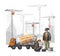 Builders on the building site. Industrial illustration with workers, cranes and concrete mixer machine