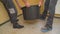 Builders pour mortar to level the floor. Workers fill the self-priming floor on the concrete floor. dark bucket. This is a floor