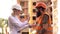 Builders in protective helmets discuss at the construction site. Builders at the construction site. Two engineer have
