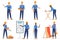 Builders in uniform flat vector characters set. Construction workers in blue jumpsuits and hardhats. Cartoon engineers