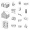 Building and architecture outline icons in set collection for design.The building and dwelling vector isometric symbol