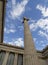 The building of the Athens Academy a marble column with a sculptures of Apollo and Athena, Socrates and Plato against a with