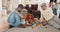 Building blocks, grandparent and a father playing with his son in the home living room for learning during a visit. Kids